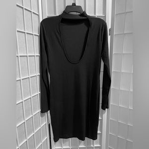 Black Bodycon Dress Mock Neck Open Back Mini Long Sleeve Medium